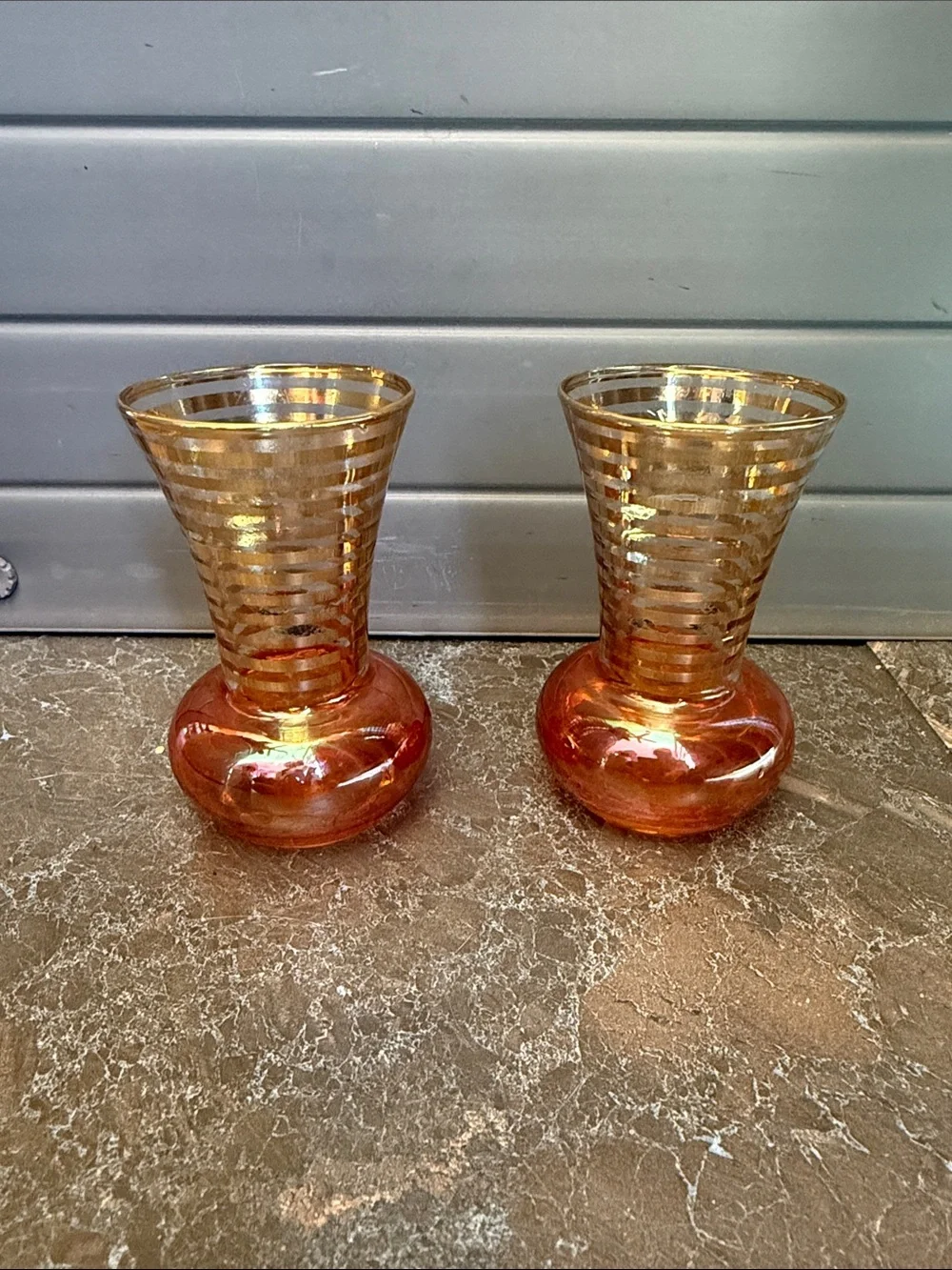 Vintage Bartlett Collins marigold iridescent carnival glass bud vases